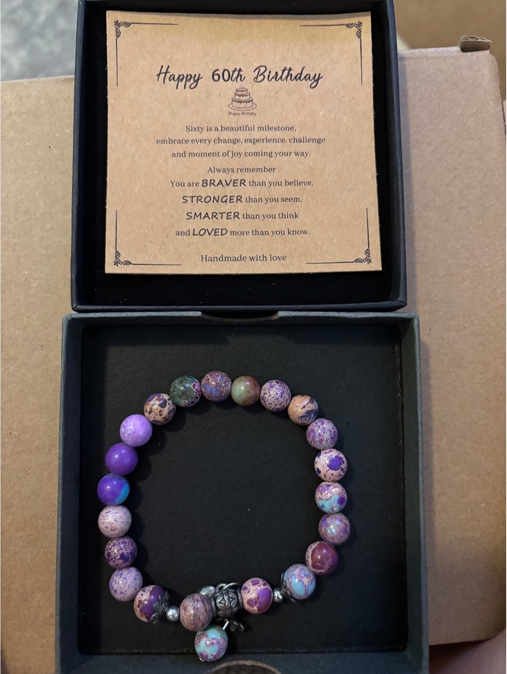 50th Birthday gift, Natural stone beaded bracelet with silver-tone charm,